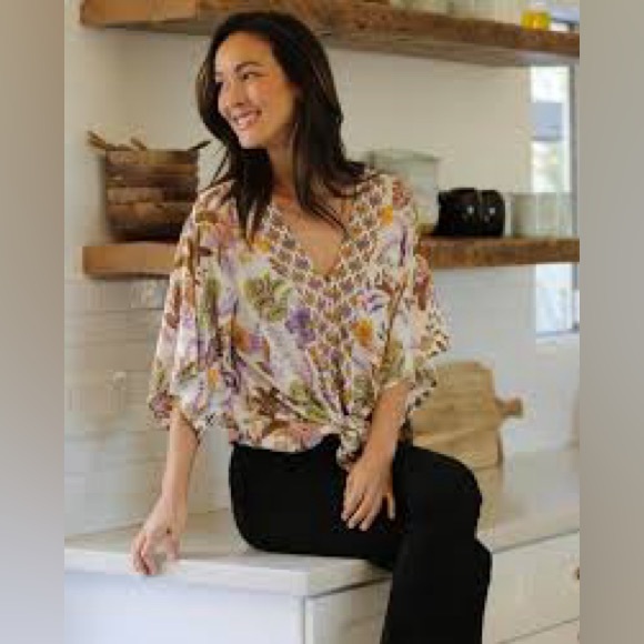 She + Sky Tops - She & Sky Boho Tie-Front Starburst & Floral-Print Blouse
